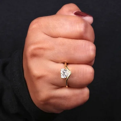 Heart Cut Lab Grown Diamond Solitaire Ring in Yellow Gold Wave Band