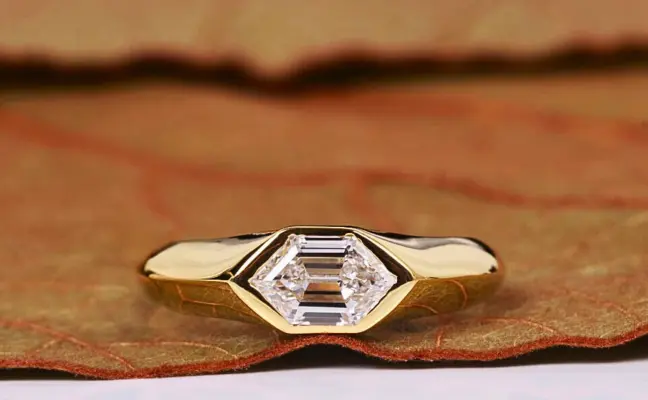 Long Hexagon Cut Lab Grown Diamond Solitaire Ring in Bezel Setting