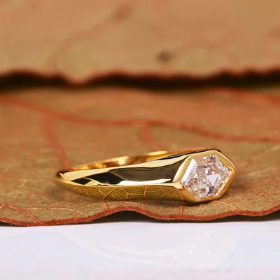 Long Hexagon Cut Lab Grown Diamond Solitaire Ring in Bezel Setting