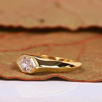 Long Hexagon Cut Lab Grown Diamond Solitaire Ring in Bezel Setting
