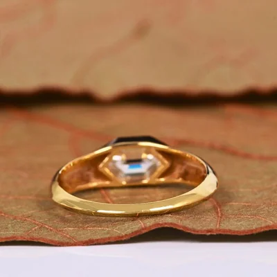 Long Hexagon Cut Lab Grown Diamond Solitaire Ring in Bezel Setting