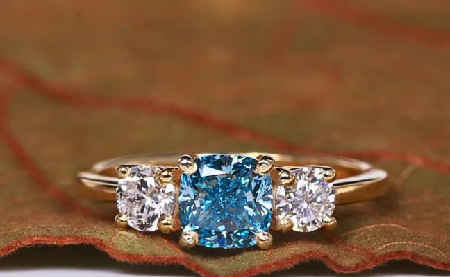 Blue Lab Grown Cushion Diamond Three Stone Ring