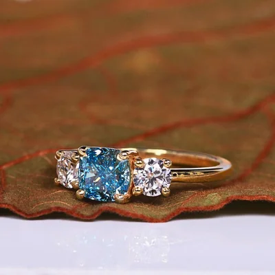 Blue Lab Grown Cushion Diamond Three Stone Ring