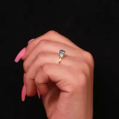Blue Lab Grown Cushion Diamond Three Stone Ring