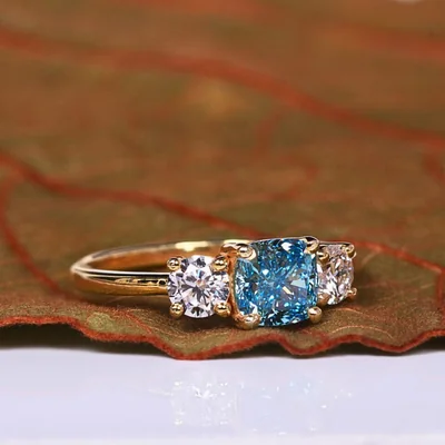 Blue Lab Grown Cushion Diamond Three Stone Ring