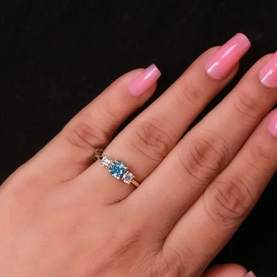 Blue Lab Grown Cushion Diamond Three Stone Ring