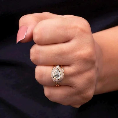 Teardrop Pear Shape Lab Grown Diamond Ring with Double Halo & Pave Band