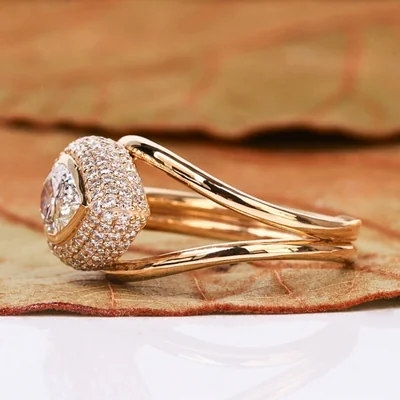 Teardrop Pear Shape Lab Grown Diamond Ring with Double Halo & Pave Band