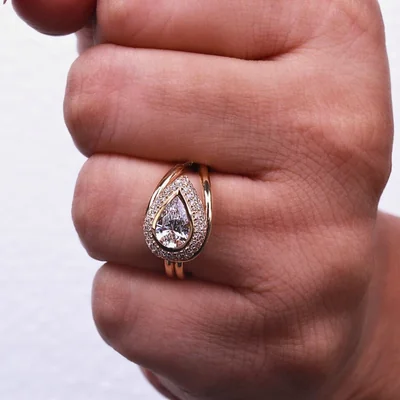 Teardrop Pear Shape Lab Grown Diamond Ring with Double Halo & Pave Band