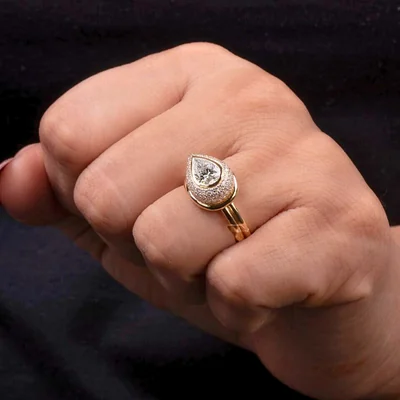 Teardrop Pear Shape Lab Grown Diamond Ring with Double Halo & Pave Band