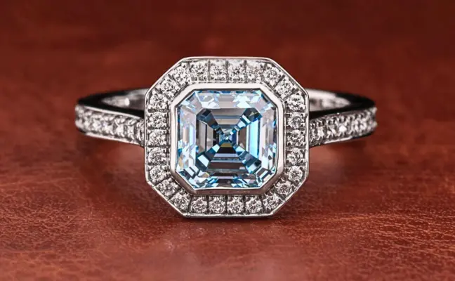 Vivid Blue Asscher Cut Lab Grown Diamond Halo Engagement Ring with Pave Band