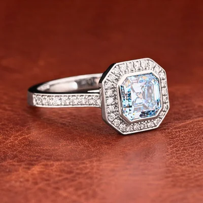 Vivid Blue Asscher Cut Lab Grown Diamond Halo Engagement Ring with Pave Band