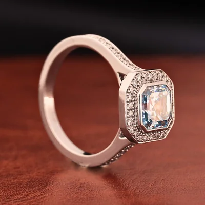 Vivid Blue Asscher Cut Lab Grown Diamond Halo Engagement Ring with Pave Band