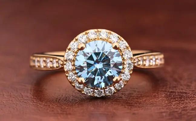 Blue Round Cut Lab Grown Diamond Halo Engagement Ring with Pave Band