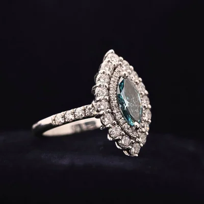 Blue Marquise Cut Lab Grown Diamond Halo Engagement Ring
