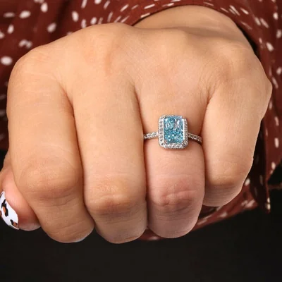 1.50 CT Blue Radiant Cut Lab Grown Diamond Halo Engagement Ring