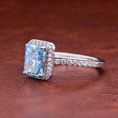 1.50 CT Blue Radiant Cut Lab Grown Diamond Halo Engagement Ring