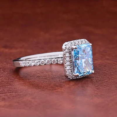1.50 CT Blue Radiant Cut Lab Grown Diamond Halo Engagement Ring