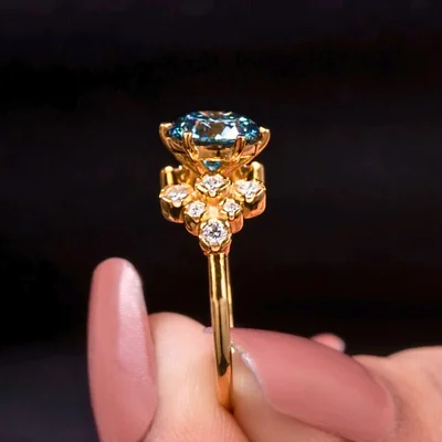Vintage Floral Blue Lab Grown Diamond Engagement Ring