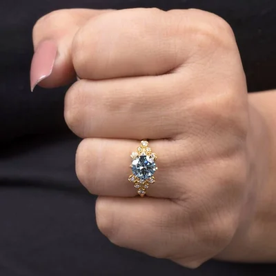 Vintage Floral Blue Lab Grown Diamond Engagement Ring