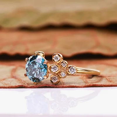 Vintage Floral Blue Lab Grown Diamond Engagement Ring