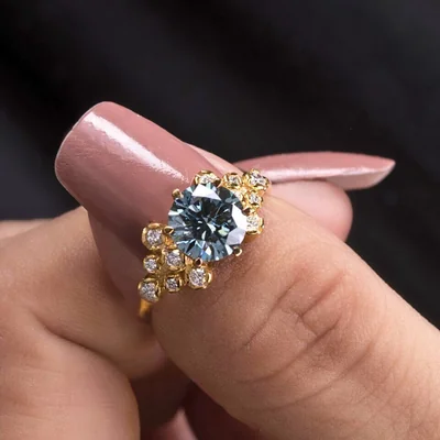 Vintage Floral Blue Lab Grown Diamond Engagement Ring