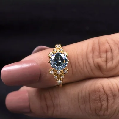 Vintage Floral Blue Lab Grown Diamond Engagement Ring