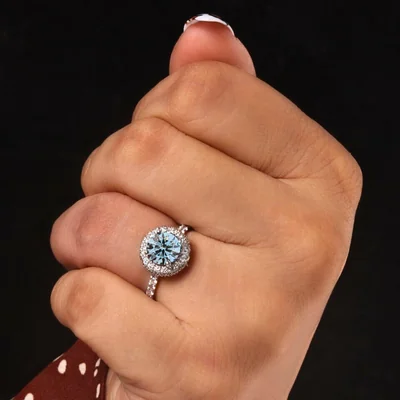 Blue Round Brilliant Cut Lab Grown Diamond Halo Engagement Ring with Pavé Shank