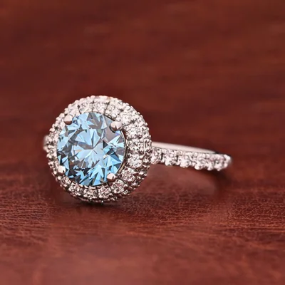 Blue Round Brilliant Cut Lab Grown Diamond Halo Engagement Ring with Pavé Shank