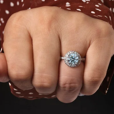 Blue Round Brilliant Cut Lab Grown Diamond Halo Engagement Ring with Pavé Shank