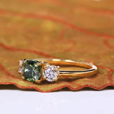 Green Cushion Cut Three Stone Lab Grown Diamond Engagement Ring