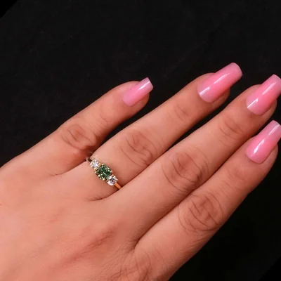 Green Cushion Cut Three Stone Lab Grown Diamond Engagement Ring