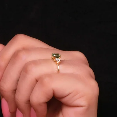 Green Cushion Cut Three Stone Lab Grown Diamond Engagement Ring