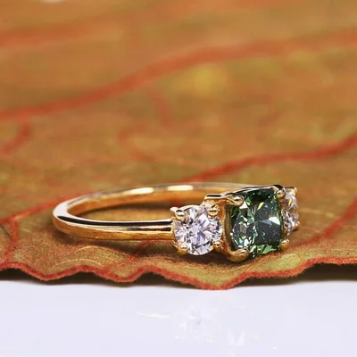 Green Cushion Cut Three Stone Lab Grown Diamond Engagement Ring