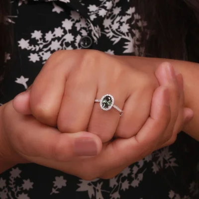 Green Oval Cut Lab Grown Diamond Halo Engagement Ring