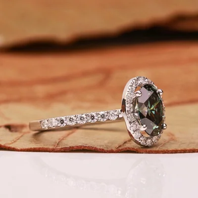 Green Oval Cut Lab Grown Diamond Halo Engagement Ring