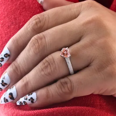 Vivid Pink Heart Cut Lab Grown Diamond Ring with Diamond Pave Band