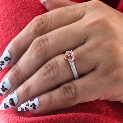 Vivid Pink Heart Cut Lab Grown Diamond Ring with Diamond Pave Band