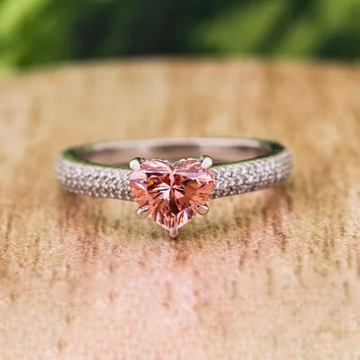 Vivid Pink Heart Cut Lab Grown Diamond Ring with Diamond Pave Band