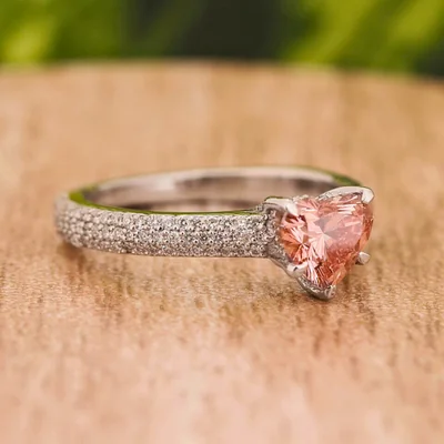 Vivid Pink Heart Cut Lab Grown Diamond Ring with Diamond Pave Band