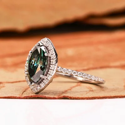 Marquise Cut Green Lab Grown Diamond Halo Engagement Ring