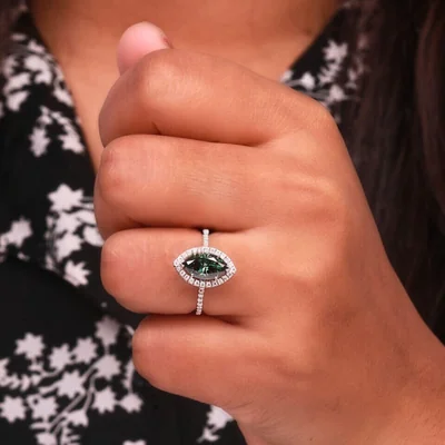 Marquise Cut Green Lab Grown Diamond Halo Engagement Ring