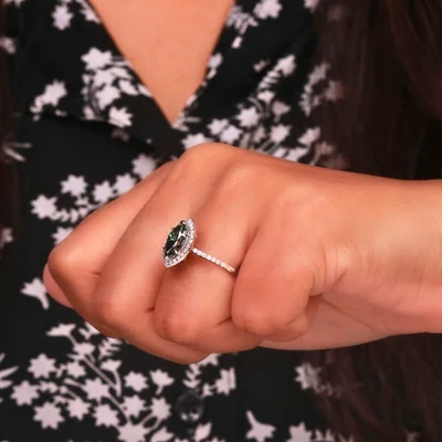 Marquise Cut Green Lab Grown Diamond Halo Engagement Ring