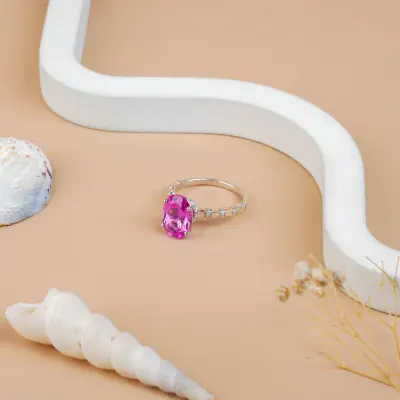 Oval Pink Sapphire Hidden Halo Engagement Ring