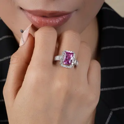 Radiant Pink Sapphire Emerald Cut Engagement Ring