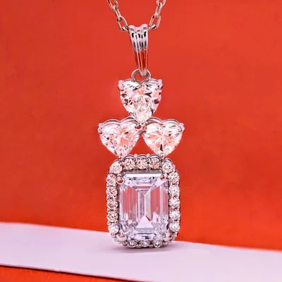 Emerald Cut Halo Lab Grown Diamond Pendant with Heart & Round Accents