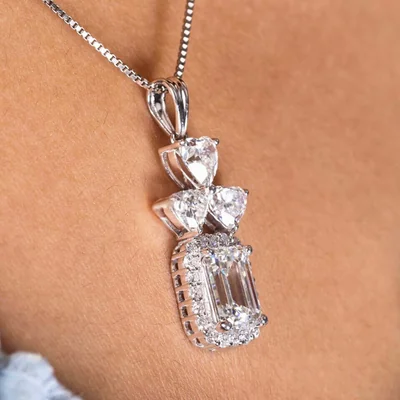 Emerald Cut Halo Lab Grown Diamond Pendant with Heart & Round Accents