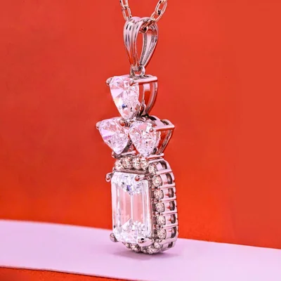 Emerald Cut Halo Lab Grown Diamond Pendant with Heart & Round Accents