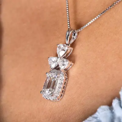 Emerald Cut Halo Lab Grown Diamond Pendant with Heart & Round Accents