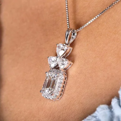 Emerald Cut Halo Lab Grown Diamond Pendant with Heart & Round Accents